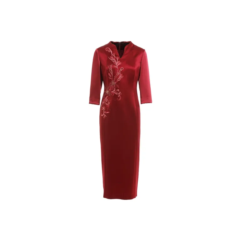 QIAOWANNI Long Sleeved Dresses Women's Persian Red-0