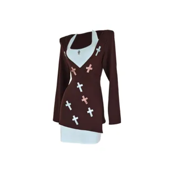 AFGGD Long Sleeved Dress Women's Blue Brown