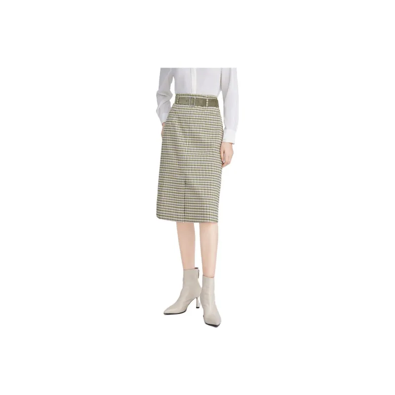 JZ. ANNAKRO Casual Long Skirts Women's Plaid Green-0