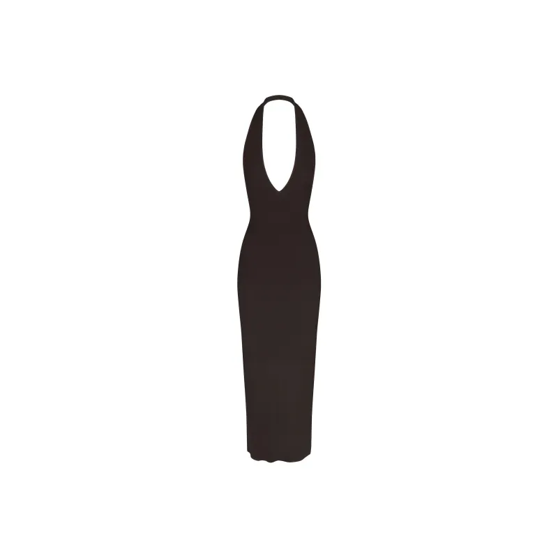 SKIMS SOFT LOUNGE DEEP PLUNGE HALTER LONG DRESS Sleeveless Dress Women's ONYX/Onyx-0