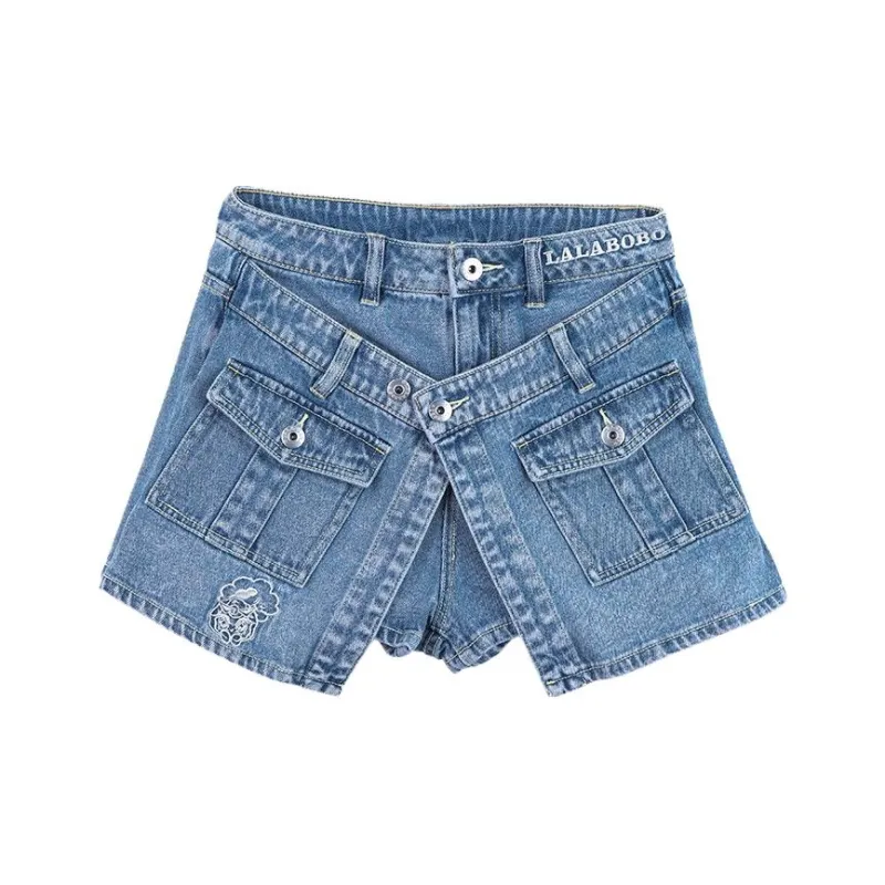 LALABOBO Denim Shorts Women's Medium Blue White-0
