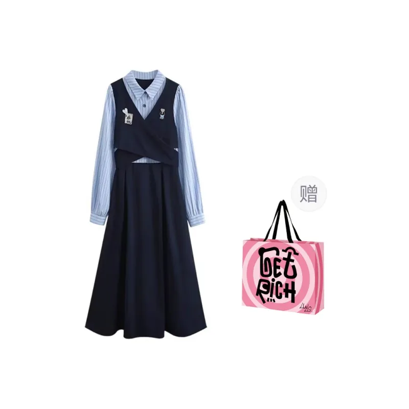 LWLG Long Sleeved Dress Women's Dark Blue-0