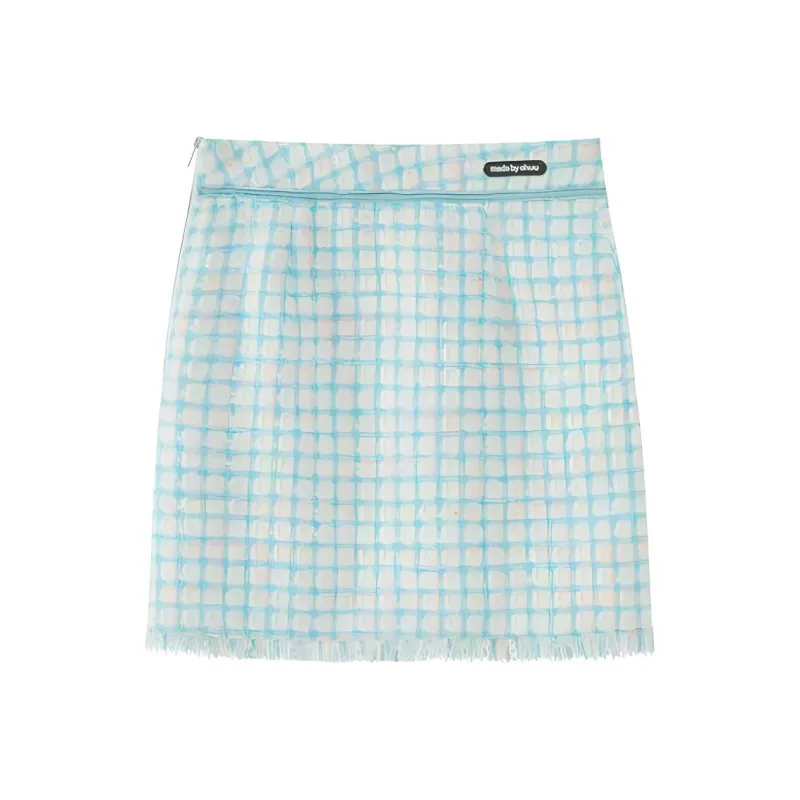 CHUU Casual Short Skirts Women's Blue Plaid-0