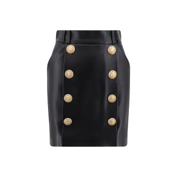 BALMAIN Logo Button Embellished Leather Skirt