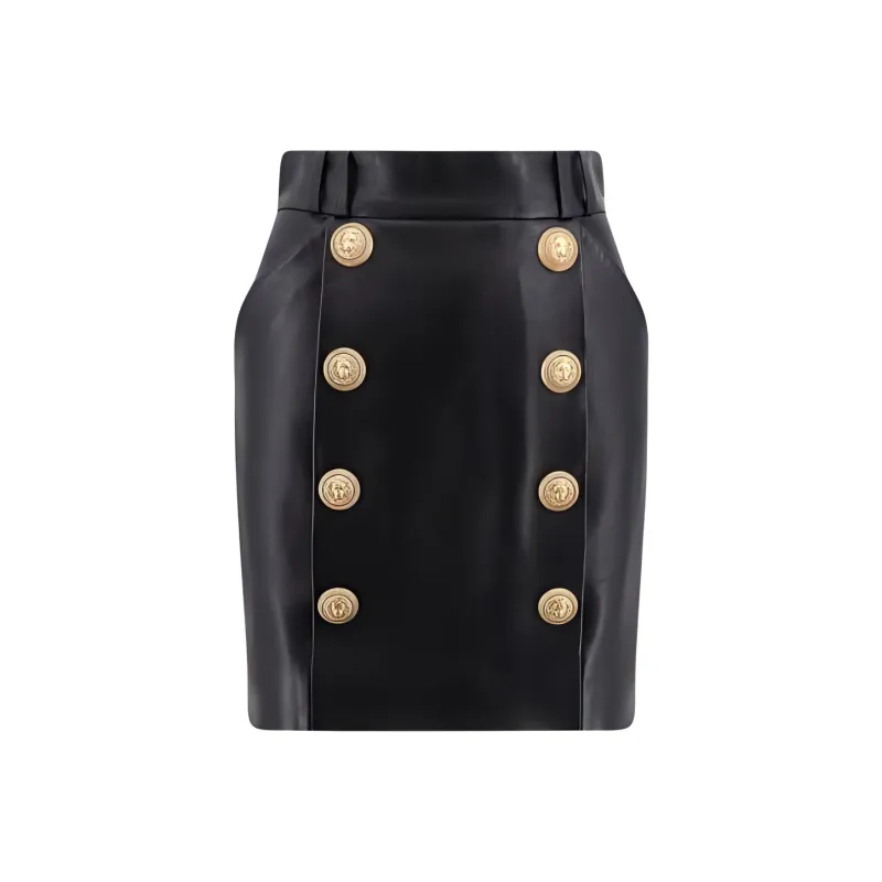 BALMAIN Logo Button Embellished Leather Skirt-0