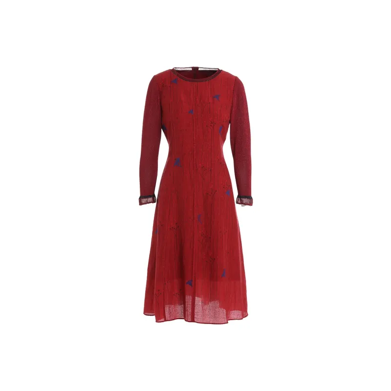 QIAOWANNI Long Sleeved Dresses Women's Herbal Flower Pattern-0
