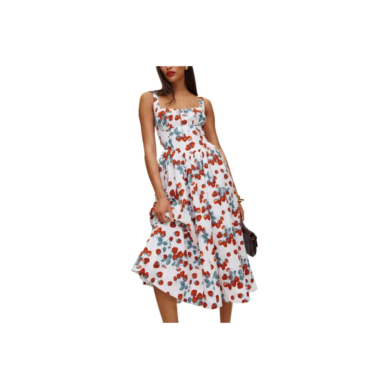 REFORMATION Balia Linen Dress Slip Dress Women's Strawberry Sauce-0