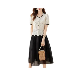 TERRE BLEUE Two Piece Skirt Sets Women's Clothing Set White Shirt+Black Skirt