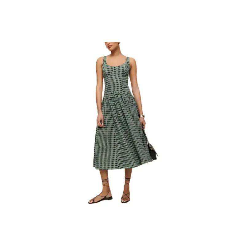 REFORMATION Roslyn Linen Dress Sleeveless Dress Women's Plaid-0