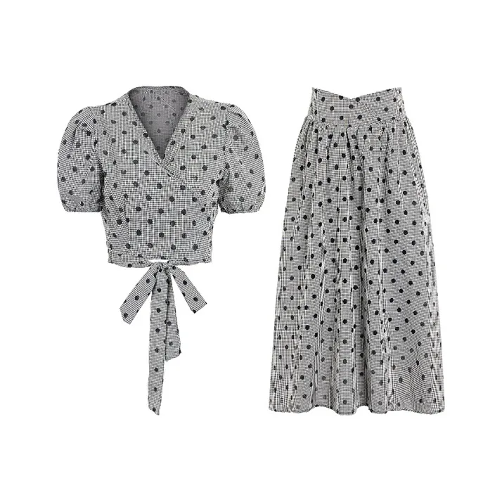 TIBINB Skirt Set Women's Gray Polka Dot-0