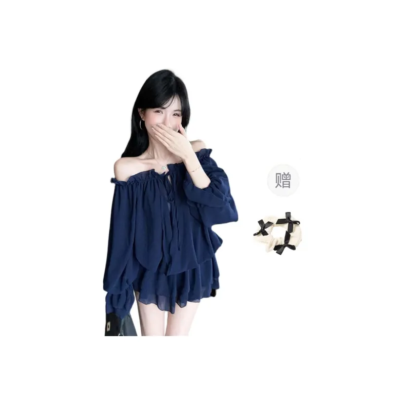 TURN UP Long Sleeved Dresses Women's Klein Blue+Bowknot Hair Tie Comes With-0