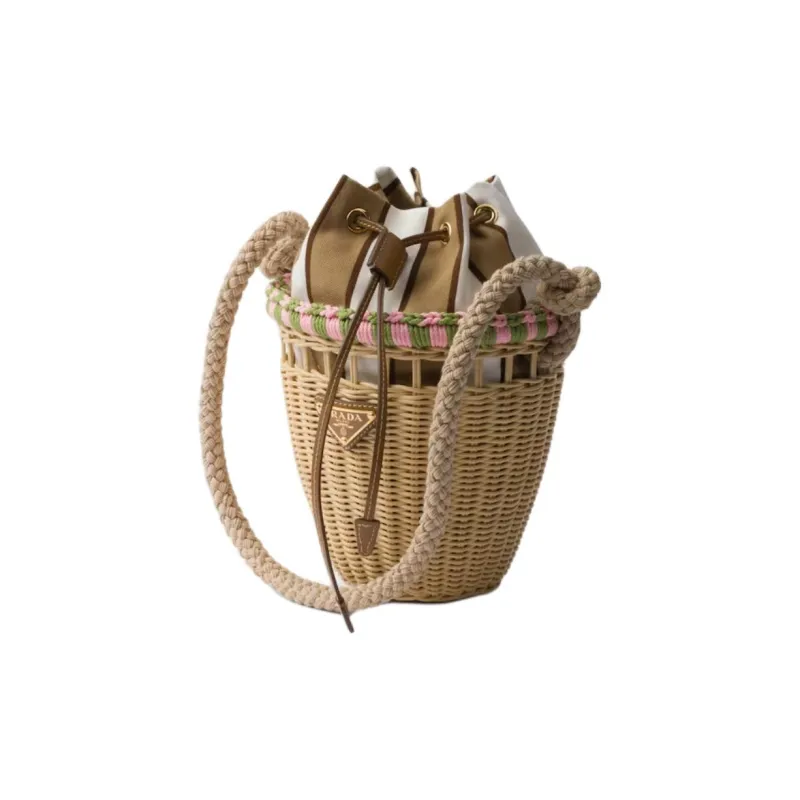 PRADA Wicker Handbag Mini Women's Brown & Petal Pink-1