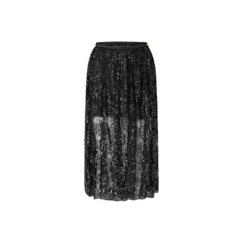 LOUIS VUITTON FW23 Sequin Lace Layered Midi Skirt Casual Long Skirts Women's Black