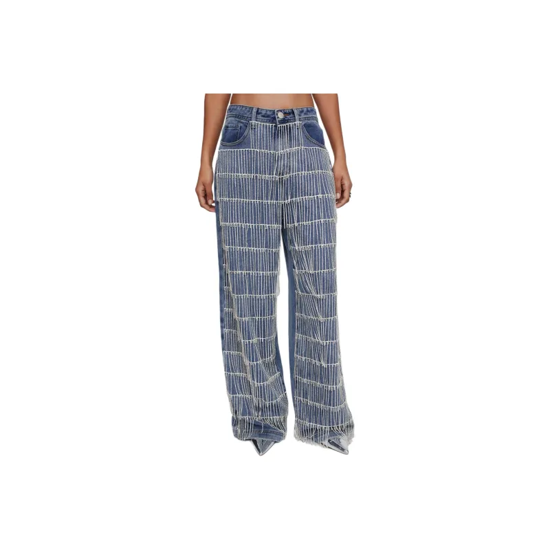NASTY GAL Diamante Fringe Trim Denim Jean Jeans Women's Denim Blue-0