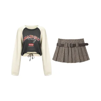 ETSE Casual Suits Women's Dark Gray Apricot Sweatshirt+Houndstooth Short Skirt