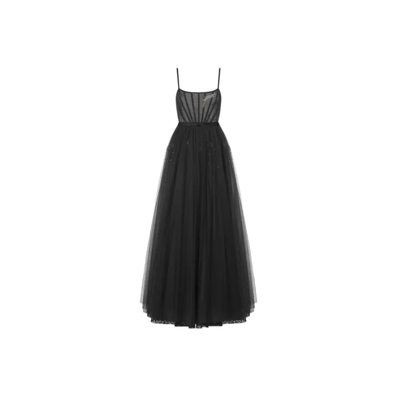 DIOR Flared Long Evening Gown Slip Dress Women's Black-0
