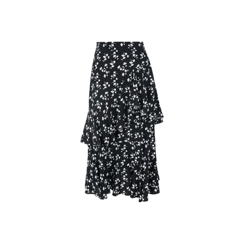 3COLOUR Casual Long Skirts Women's Black White Floral-0