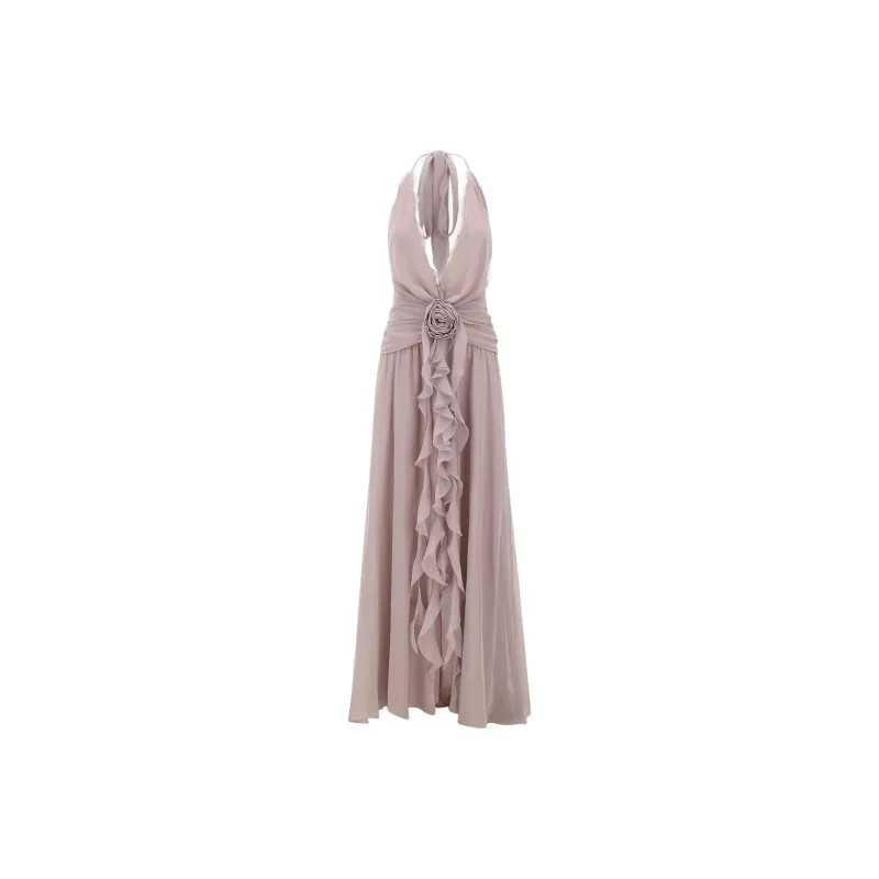 Blumarine Rose Appliqué Halterneck Ruffled Maxi Dress-0