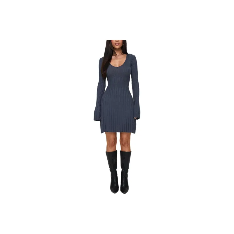 PRINCESS POLLY LIBERTE RIBBED LONG SLEEVE MINI DRESS Long Sleeved Dresses Women's Charcoal/Charcoal Gray-0