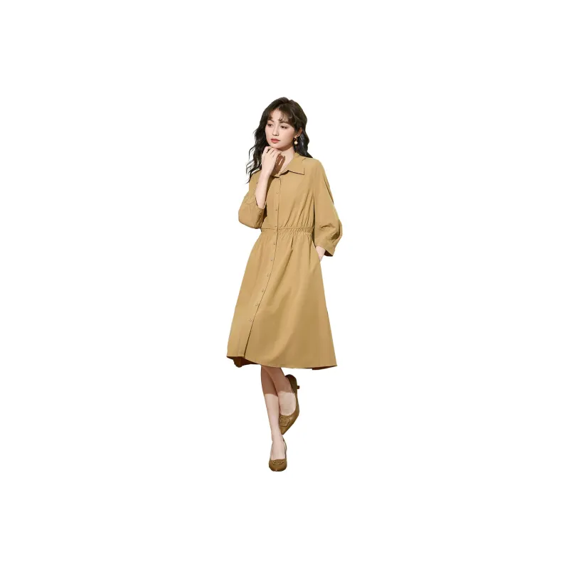 SMEN Long Sleeved Dresses Women's Khaki-0