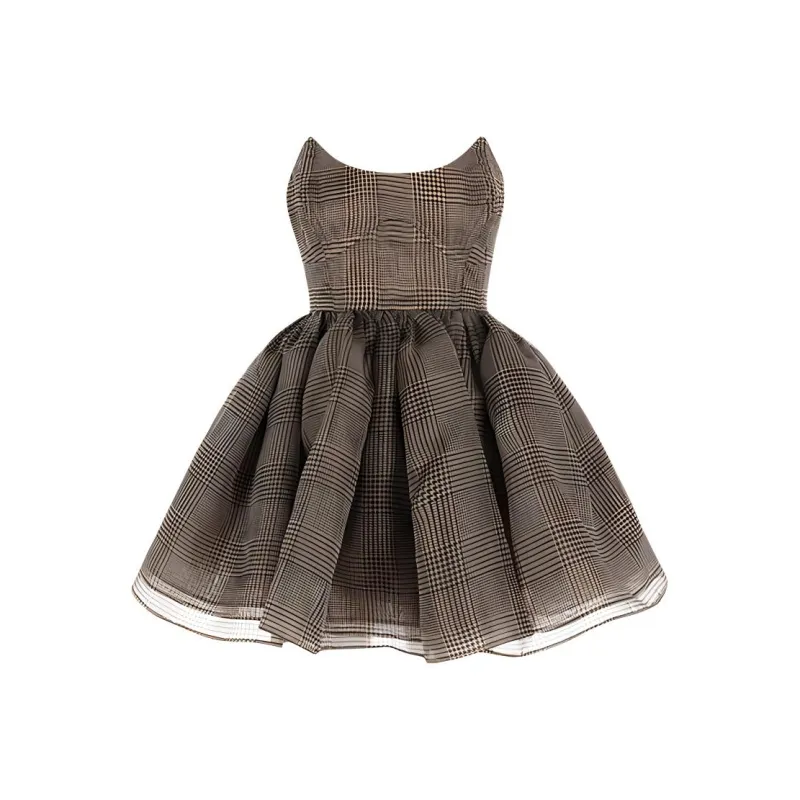 Selkie Collection FW24 Sleeveless Dress Women's Brown Base With Houndstooth Plaid Print-0