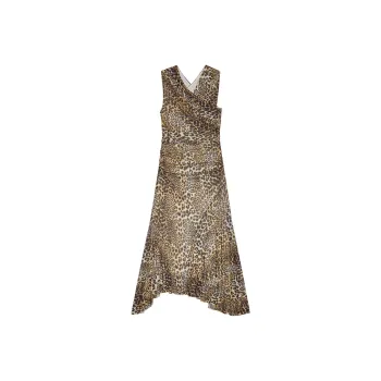 GANNI Leopard Ruched V Neck Dress