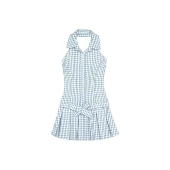 SECFLY OFFICIAL Sleeveless Dress Women's Blue Plaid Halter Top