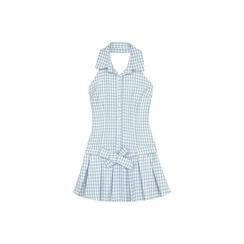 SECFLY OFFICIAL Sleeveless Dress Women's Blue Plaid Halter Top-0