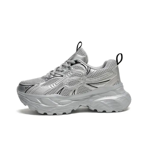 Binary Abrasion Resistant Breathable Height Increasing Low Top Chunky Sneakers Women's Silver