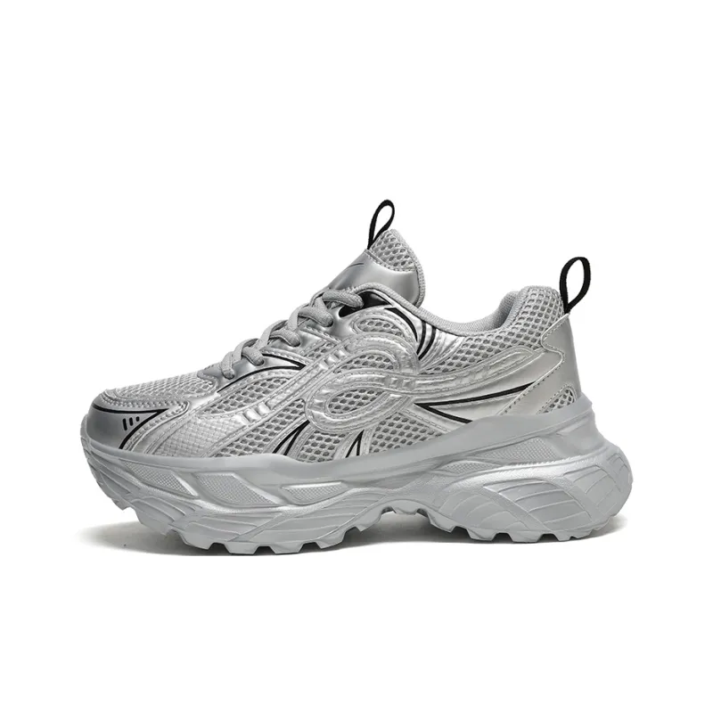 Binary Abrasion Resistant Breathable Height Increasing Low Top Chunky Sneakers Women's Silver-0