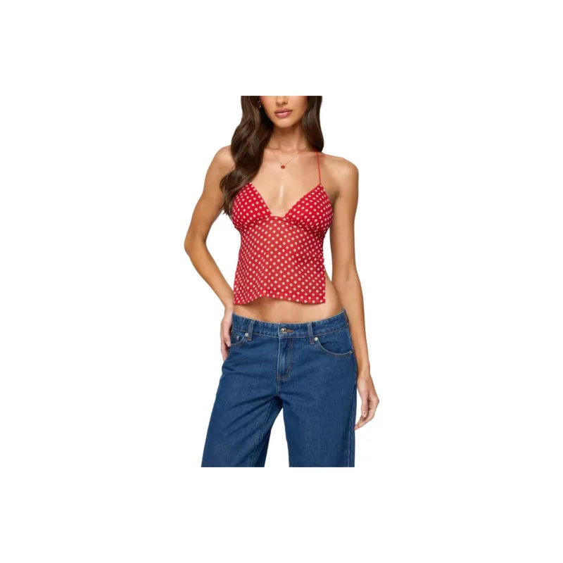Edikted Polka Dot Backless Chiffon Top Camisole Women's Red White-0