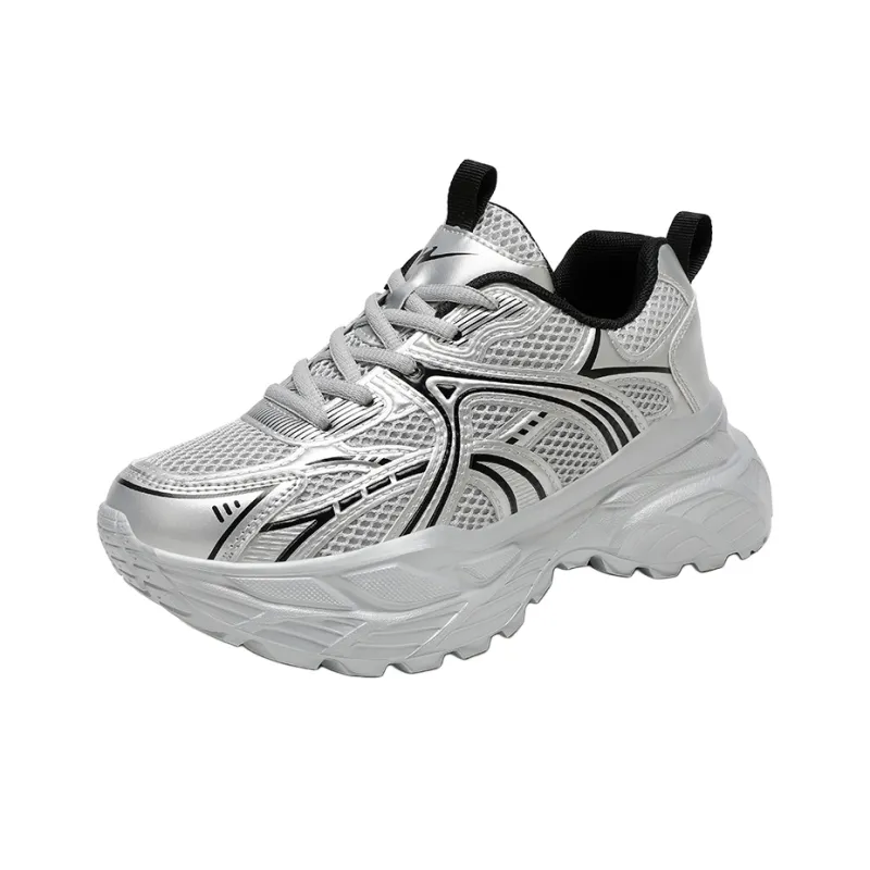Binary Height Increasing Abrasion Resistant Breathable Low Top Chunky Sneakers Women's Silver-1
