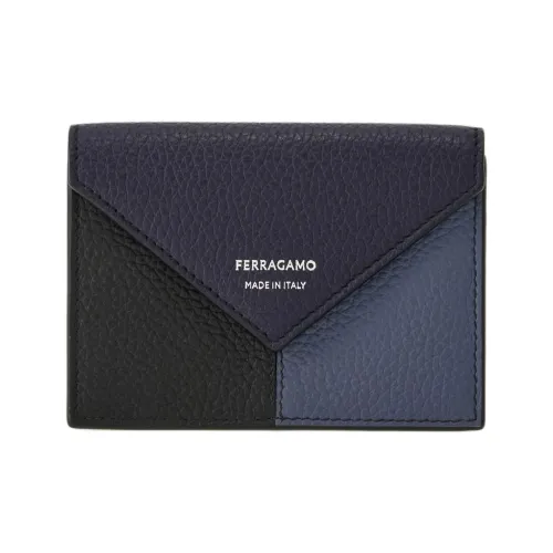 FERRAGAMO Hammered Texture Calfskin Card Holder Men's Blue & Black