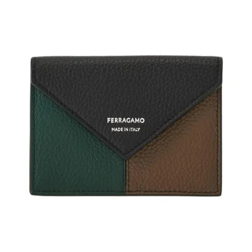 FERRAGAMO Hammered Texture Calfskin Card Holder Men's Black & Green