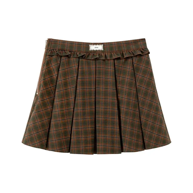 CHUU Casual Short Skirts Women's Green Plaid-0
