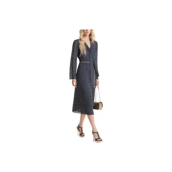 MICHAEL KORS Polka Dot Georgette Tie-Neck Midi Dress