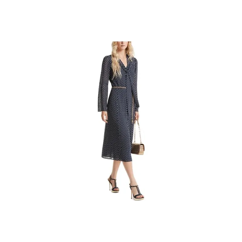 MICHAEL KORS Polka Dot Georgette Tie Neck Midi Dress-0