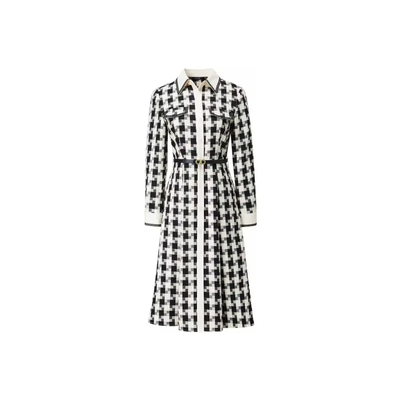 Yan Domain Long Sleeved Dresses Women's Black White Plaid-0