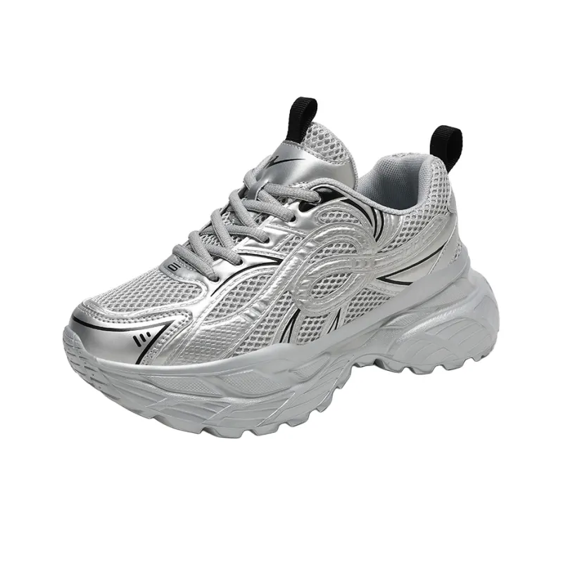 Binary Abrasion Resistant Breathable Height Increasing Low Top Chunky Sneakers Women's Silver-1