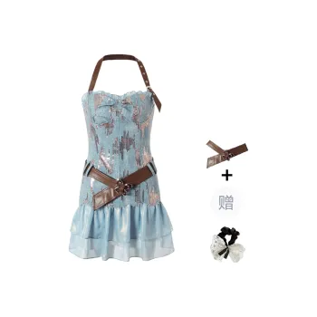TUSHIFEI Sleeveless Dress Women's Blue+Belt+Hair Tie Comes With