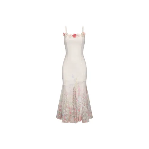 CHIWAWAMEME Slip Dresses Women's Beige Positioning Lace 3D Floral