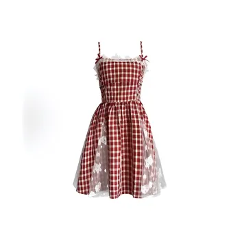 POPO.INFO Slip Dress Women's Strawberry Red Plaid
