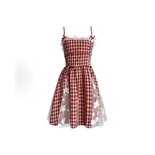 POPO.INFO Slip Dress Women's Strawberry Red Plaid