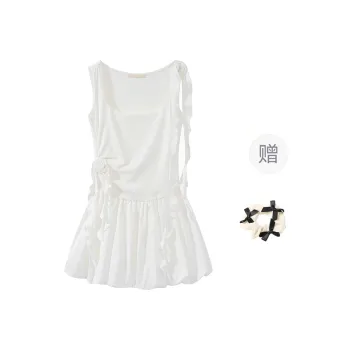 CPAURA Sleeveless Dress Women's White+Bowknot Hair Tie Comes With