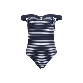Selmark European style Embossed Striped Off shoulder Multi wear Swimsuit Blue