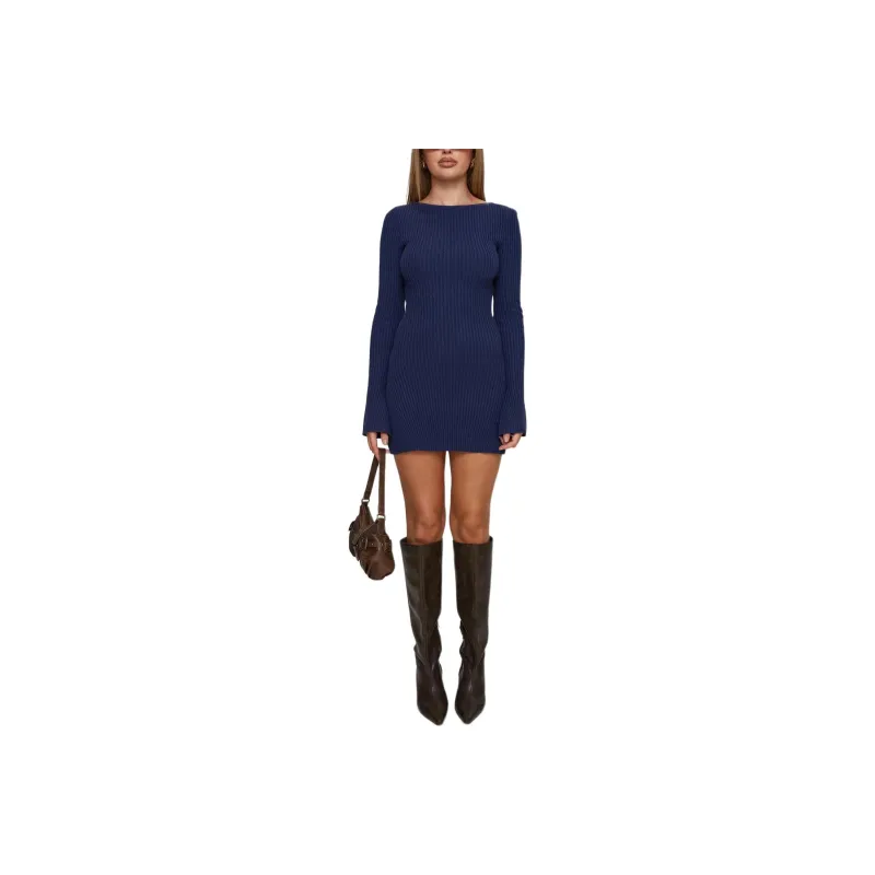 PRINCESS POLLY OSMENT LONG SLEEVE KNIT MINI DRESS Long Sleeved Dress Women's NAVY/Marine Blue-0