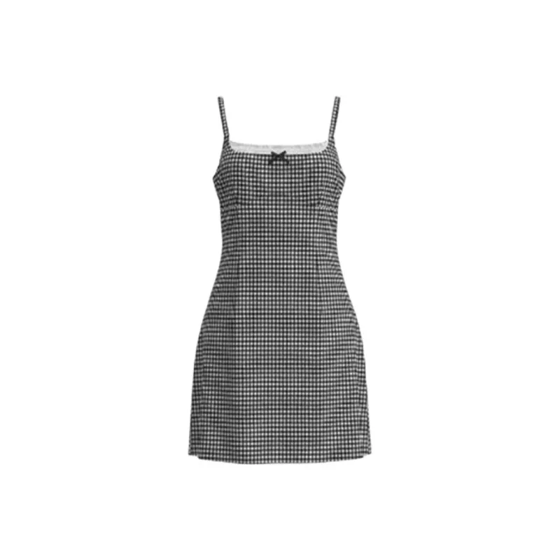 URBAN REVIVO Slip Dress Women's Pitch Black Gray Plaid-0