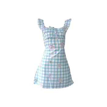 FLIM Slip Dresses Women's Blue Checkered Floral