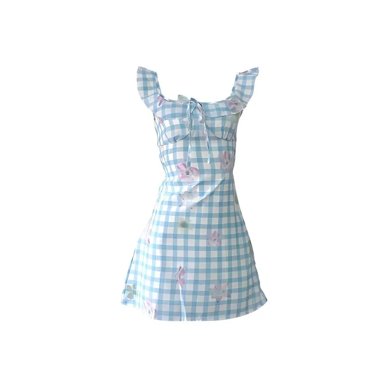 FLIM Slip Dresses Women's Blue Checkered Floral-0