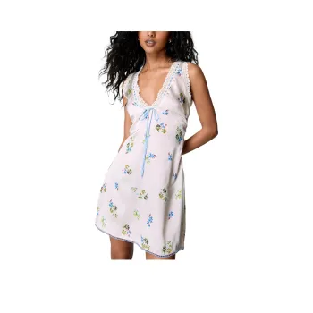 NASTY GAL Satin Ditsy Ribbon Trim Bow Mini Dress Sleeveless Dress Women's Cream